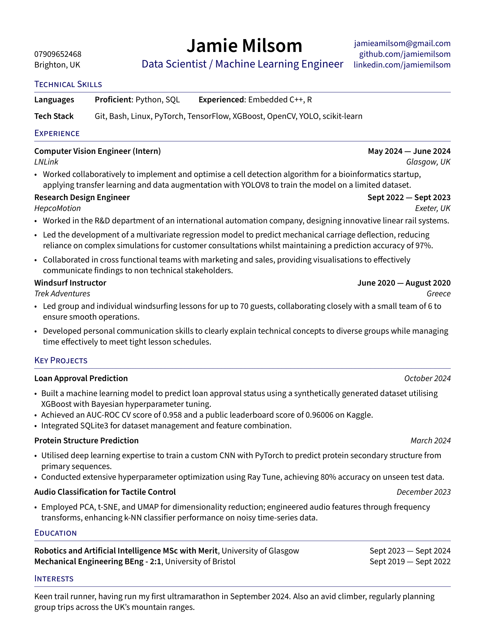 Jamie Milsom's CV
